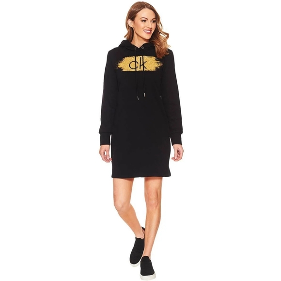 NWOT Calvin Klein Glitter Black and Gold Long Casual Sleeve Hoodie Dress - Picture 1 of 12